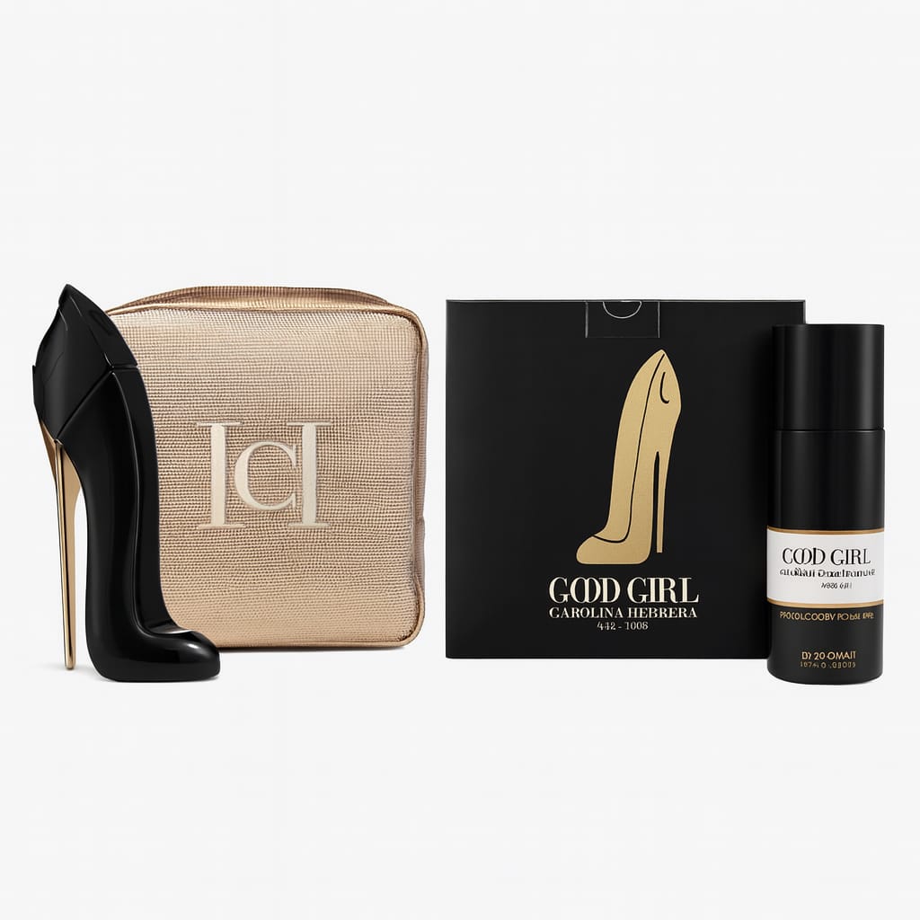 Set Cadou Good Girl – Parfum Stiletto, Deodorant și Pouch Elegant